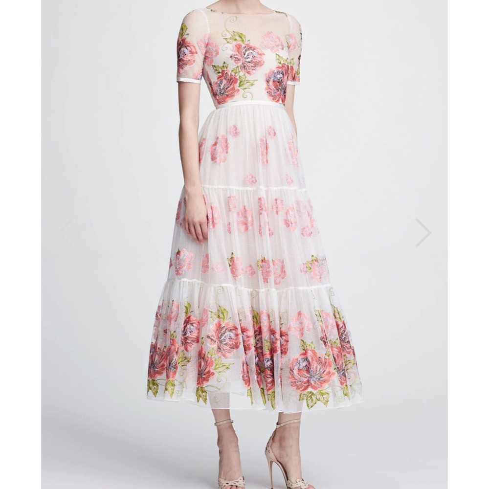 Marchesa Notte Short Sleeve Floral Embroidered Tea-Length Gown